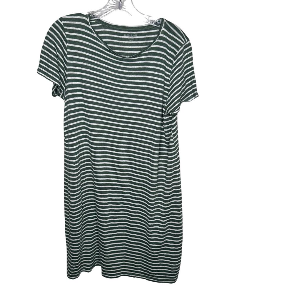 Eileen Fisher Organic Linen Striped T-Shirt Dressâ Green White Petite Medium